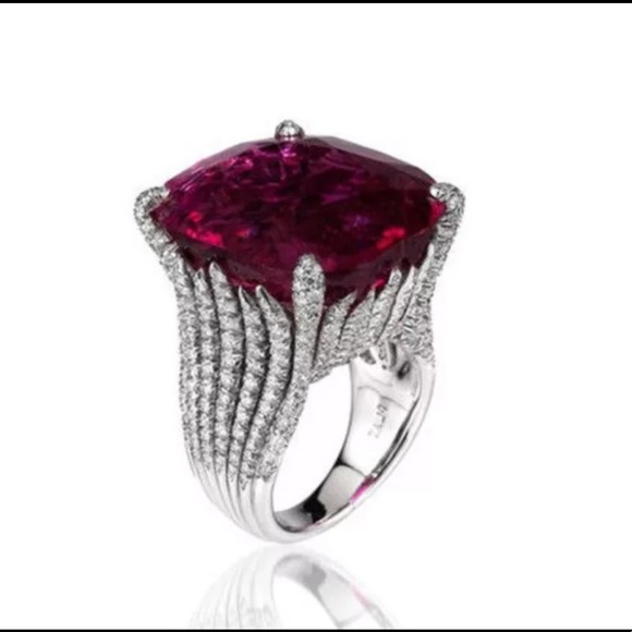 New Vintage Silver Geometric Big Stone Red Zircon Ring for Women - Picture 3 of 4